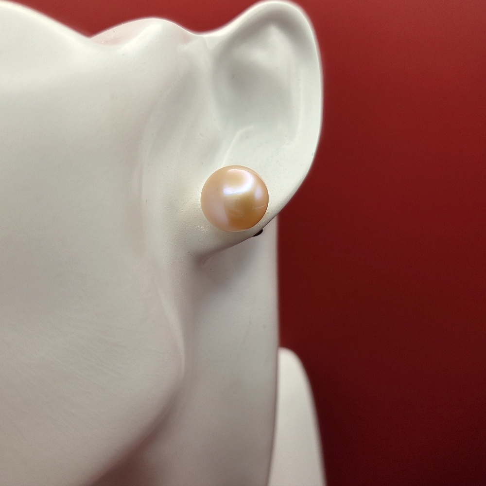 12-13MM Peach Cultured Freshwater Pearl Rhodium Over SS Earrings.